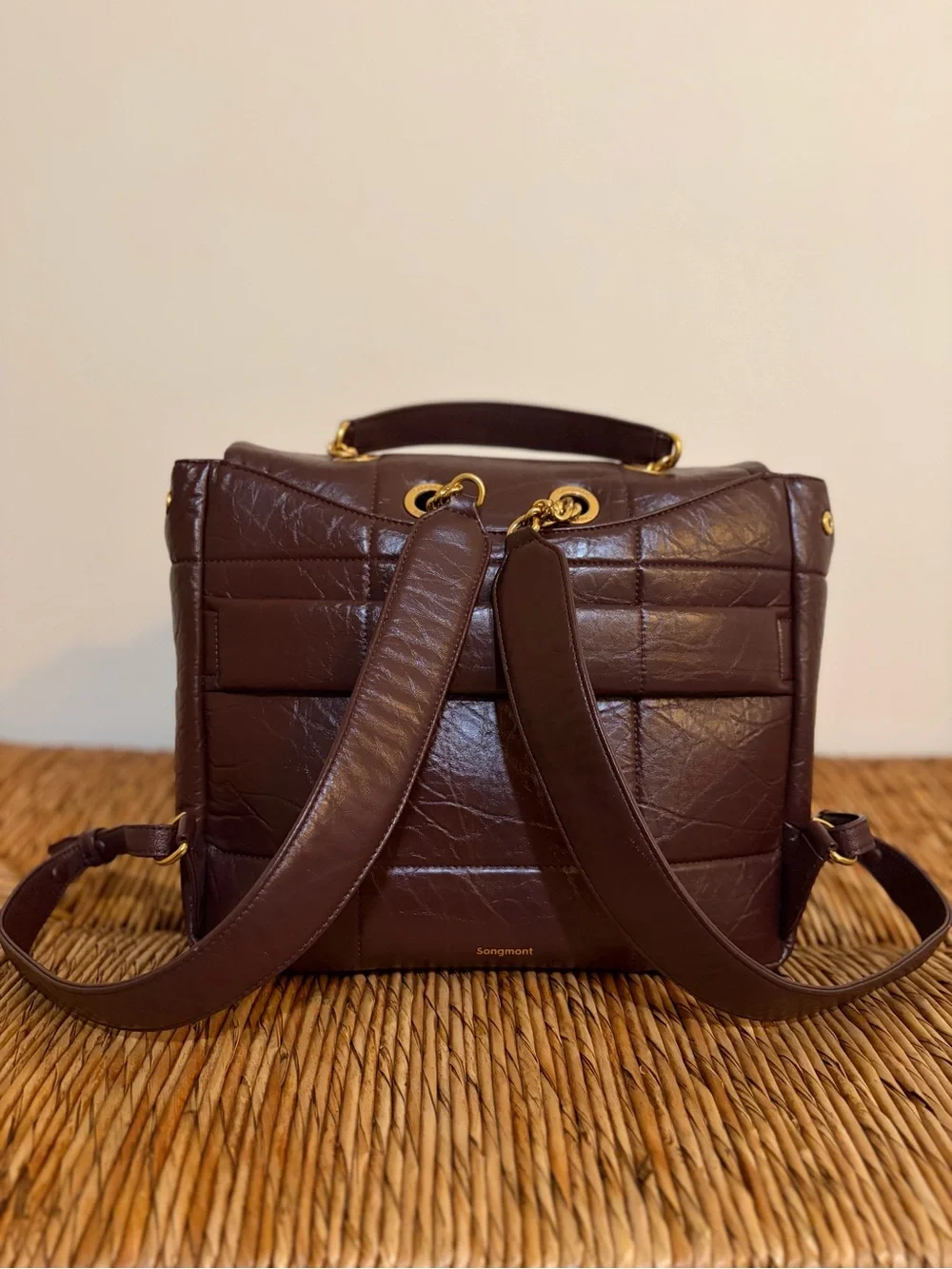 Songmont Chocolate Leather Quilted Top-Handle Bag with Gold Accent